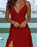 Kadın Ip Askılı Dekolteli Yırtmaç Detay Krep Elbise