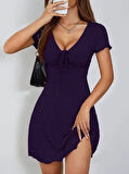 Kadın Kısa Kollu Derin Büzgülü V Yakalı Viskon Elbise