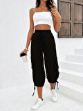 Kadın Yüksek Bel Beli Lastikli Bağcıklı Cepli Kargo Viskon Iki Iplik Pantolon