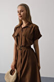 Kuşaklı Cep Detaylı Yarım Kol Elbise - Kahve