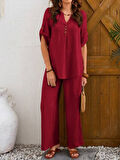 Kadın Kısa Kollu V Hakim Yaka Düğmeli Bürümcük Bluz Ve Pantolon Ikili Takım