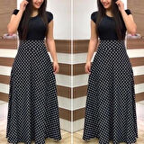 Kadın Kısa Kollu Puan Desen Tam Boy Krep Elbise