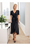 Kadın Kruvaze Yaka Midi Boy Kuşaklı Krep Elbise 120 Cm