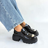 Kiya Siyah Rugan Dolgu Topuk Oxford Ayakkabı