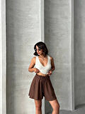 Volanlı keten şort kahve s255058