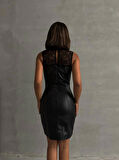 Üstü dantelli straplez deri elbise siyah w24421