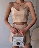 Arkadan büzgülü esnek büstiyer bej