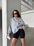 3 iplik şardonlu oversize kafa baskılı sweat gri