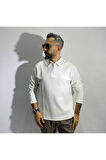Beyaz Fermuarlı Erkek Polo Yaka Sweatshirt