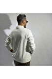 Beyaz Fermuarlı Erkek Polo Yaka Sweatshirt