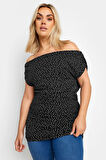 Büyük Beden Düşük Omuz Kolları Drapeli Puantiye Desenli Bluz 303353