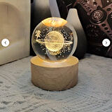 3D Kristal Cam Küre Ahşap Kaideli Gece Lambası - Satürn