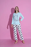 MLALE Kedicik Desenli Suprem Kumaş Uzun Kollu Bayan Pijama Takımı 3408-M