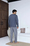 Uzun Kollu Düğmeli Ekose Desen Erkek Pijama Takımı
