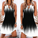 Kadın Yaka Damla Dekolteli Siyah Beyaz Desenli Dalgıç Elbise