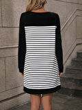 Kadın Bisiklet Yaka Uzun Kol çizgili Iki Iplik Kumaş Mini Boy Elbise