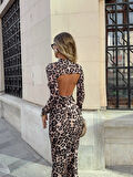 Kadın Balıkçı Yaka Sırt Dekolteli Leopar Desen Maxi Boy Elbise