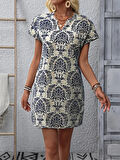 Kadın Kısa Kollu çentik Yaka çiçek Desenli Keten Elbise