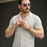 Erkek Kısa Kollu Gri çizgi Desenli örme Kumaş Pamuklu Gömlek