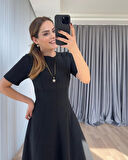 Kadın Kısa Kollu Bisiklet Yaka Maksi Boy Ithal Krep Elbise