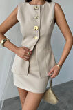 KLASİK GOLD DÜĞMELİ YELEK - KISA ETEK TAKIM - Bej