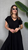 Kadın Kısa Kollu V Yaka Salaş Maxi Boy Elbise
