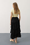 Katlı Kesim Uzun Etek - Siyah