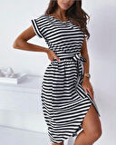 Kadın Kuşaklı Turlu Viskon Kumaş Elbise