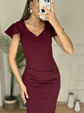 QKadın Kısa Kollu Kalp Yaka Yanlardan Büzgü Detay Midi Janjan Krep Elbise