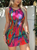 Kadın Kalın Askılı çok Renkli Dalgıç Mini Elbise