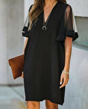 Kadın Tüllü Kısa Kollu V Yaka Krep Elbise