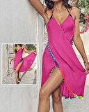 Kadın Askılı Derin V Yakalı çapraz Geçmeli Ponponlu Bürümcük Pareo