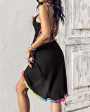 Kadın Askılı Derin V Yakalı çapraz Geçmeli Ponponlu Bürümcük Pareo