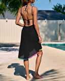 Kadın Askılı Derin V Yakalı çapraz Geçmeli Ponponlu Bürümcük Pareo