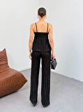 Kadın Siyah Dokulu Askılı Üst Ve Bol Paça Pantolon 2’li Takım