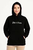 Üç İplik Kapşonlu ön Ve Arka Baskılı SweatShirt Hoodie- Siyah