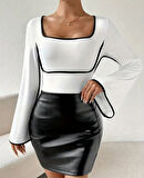 Kadın U Yaka Siyah şerit Detyalı Yarasa Kol Dalgıç Kumaş Arabiyeli Bluz