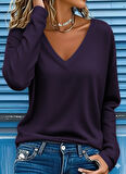 Kadın Uzun Kollu V Yakalı Viskon Iki Iplik Mürdüm Renk Bluz