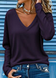 Kadın Uzun Kollu V Yakalı Viskon Iki Iplik Mürdüm Renk Bluz