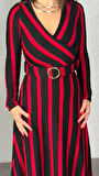 Kadın Uzun Kollu Kruvaze Yaka Kemer Dahil çizgili Triko Elbise