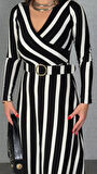 Kadın Uzun Kollu Kruvaze Yaka Kemer Dahil çizgili Triko Elbise