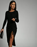 Kadın Uzun Kollu Yandan Büzgülü Yırtmaç Detay Kaşkorse Midi Boy Elbise