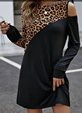 Kadın Uzun Kollu Omuzdan Açık Leopar Desenli Viskon Iki Iplik Mini Elbise