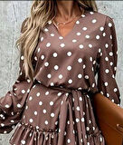 Kadın Uzun Kollu V Yakalı Belden Kuşaklı Puantiyeli Mini Modal Elbise