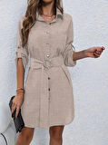 Kadın Uzun Kollu Yakalı önden Düğmeli Beli Kuşaklı Mini Ithal Keten Elbise