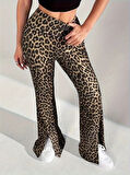 Kadın Yüksek Bel Leopar Desenli Yırtmaçlı Dalgıç Tayt