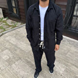 Erkek Kadife Oversize Takım – Gömlek Ve Pantolon İkili Set Füme Corduroy Şıklığı, Rahat Ve Zarif Duruş Yumuşak Dokulu Kadife Kumaş, Düğmeli Gömlek Üst Ve Lastikli Pantolon Alt Parça Ile Gün Boyu Konfor- Siyah