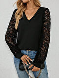 Kadın Uzun Kollu V Yakalı Dantelli Viskon Iki Iplik Bluz
