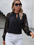 Kadın Uzun Dantel Kollu Yuvarlak Yakalı Sandy Bluz