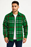Erkek Ekose Desenli Düğmeli Polar Yakalı Uzun Kollu Gömlek Oversize Rahat Kalıp - Yeşil
